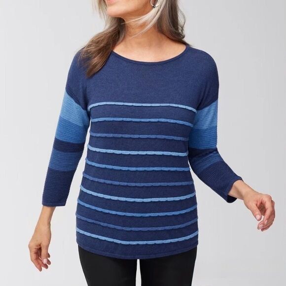Chico's Sweaters - Chico's Women's Size 2 12 LARGE Touch of Cashmere Striped Sweater Indigo Blue